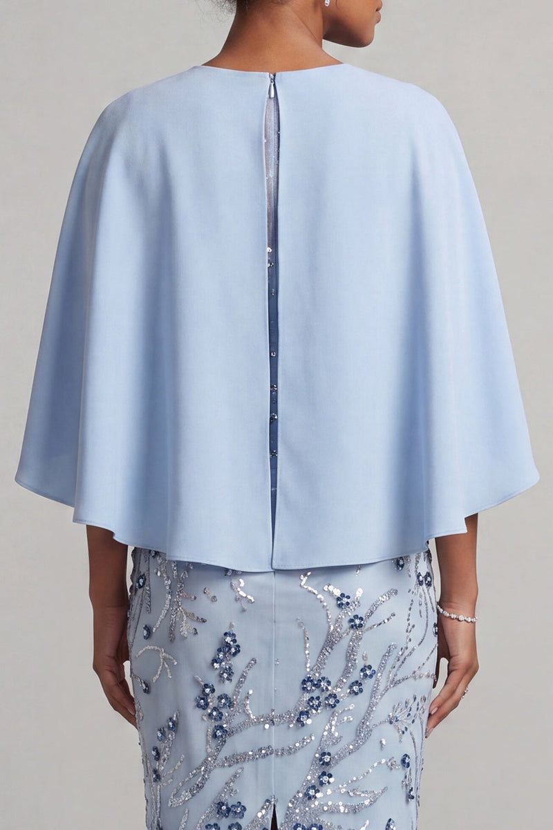 Load image into Gallery viewer, Saprkly Sky Blue Floral Sheath Beaded Midi Mother of the Bride Dress with Cape