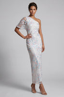 Load image into Gallery viewer, White Floral One Shoulder Sheath Sequins Long Mother of the Bride Dress