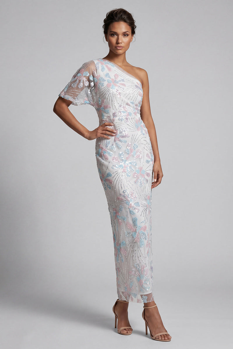 Load image into Gallery viewer, White Floral One Shoulder Sheath Sequins Long Mother of the Bride Dress