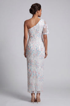White Floral One Shoulder Sheath Sequins Long Mother of the Bride Dress