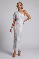 Load image into Gallery viewer, White Floral One Shoulder Sheath Sequins Long Mother of the Bride Dress