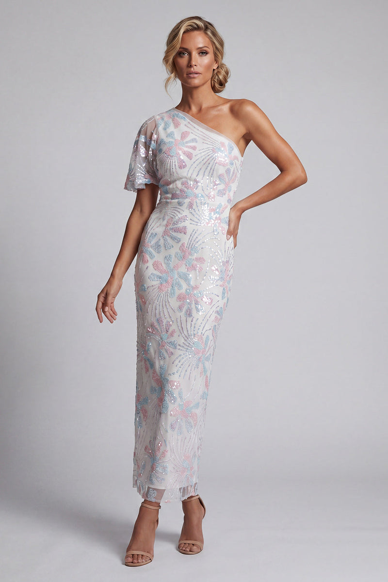 Load image into Gallery viewer, White Floral One Shoulder Sheath Sequins Long Mother of the Bride Dress