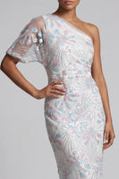 Load image into Gallery viewer, White Floral One Shoulder Sheath Sequins Long Mother of the Bride Dress