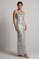 Load image into Gallery viewer, Sparkly Silver Sheath Sequins Cowl Neck Long Mother of the Bride Dress