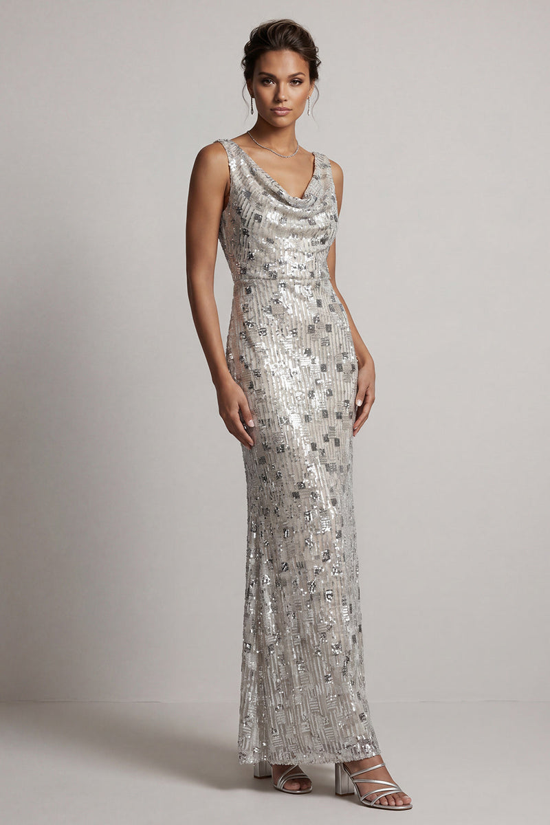 Load image into Gallery viewer, Sparkly Silver Sheath Sequins Cowl Neck Long Mother of the Bride Dress