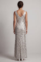 Load image into Gallery viewer, Sparkly Silver Sheath Sequins Cowl Neck Long Mother of the Bride Dress