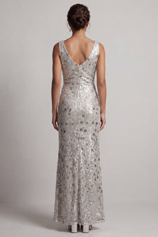 Sparkly Silver Sheath Sequins Cowl Neck Long Mother of the Bride Dress