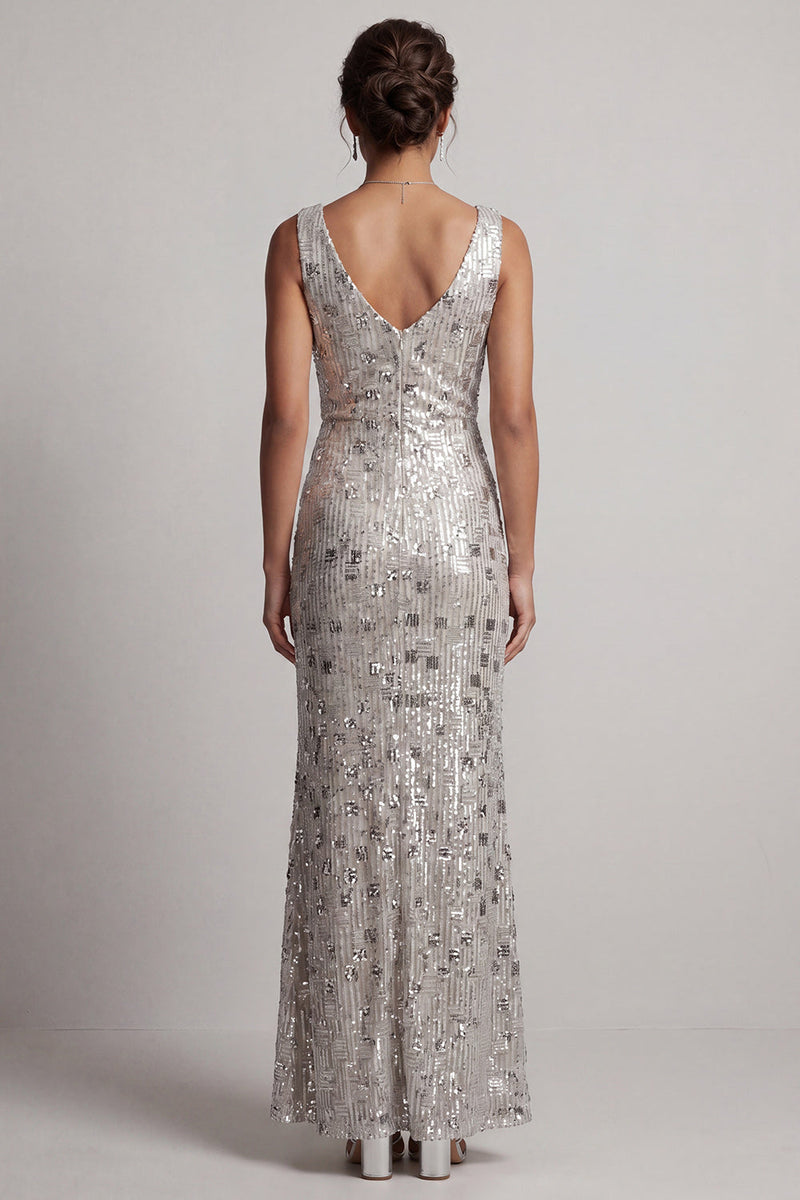 Load image into Gallery viewer, Sparkly Silver Sheath Sequins Cowl Neck Long Mother of the Bride Dress
