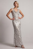 Load image into Gallery viewer, Sparkly Silver Sheath Sequins Cowl Neck Long Mother of the Bride Dress