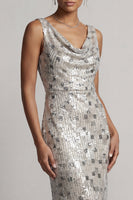Load image into Gallery viewer, Sparkly Silver Sheath Sequins Cowl Neck Long Mother of the Bride Dress