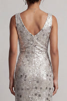 Load image into Gallery viewer, Sparkly Silver Sheath Sequins Cowl Neck Long Mother of the Bride Dress