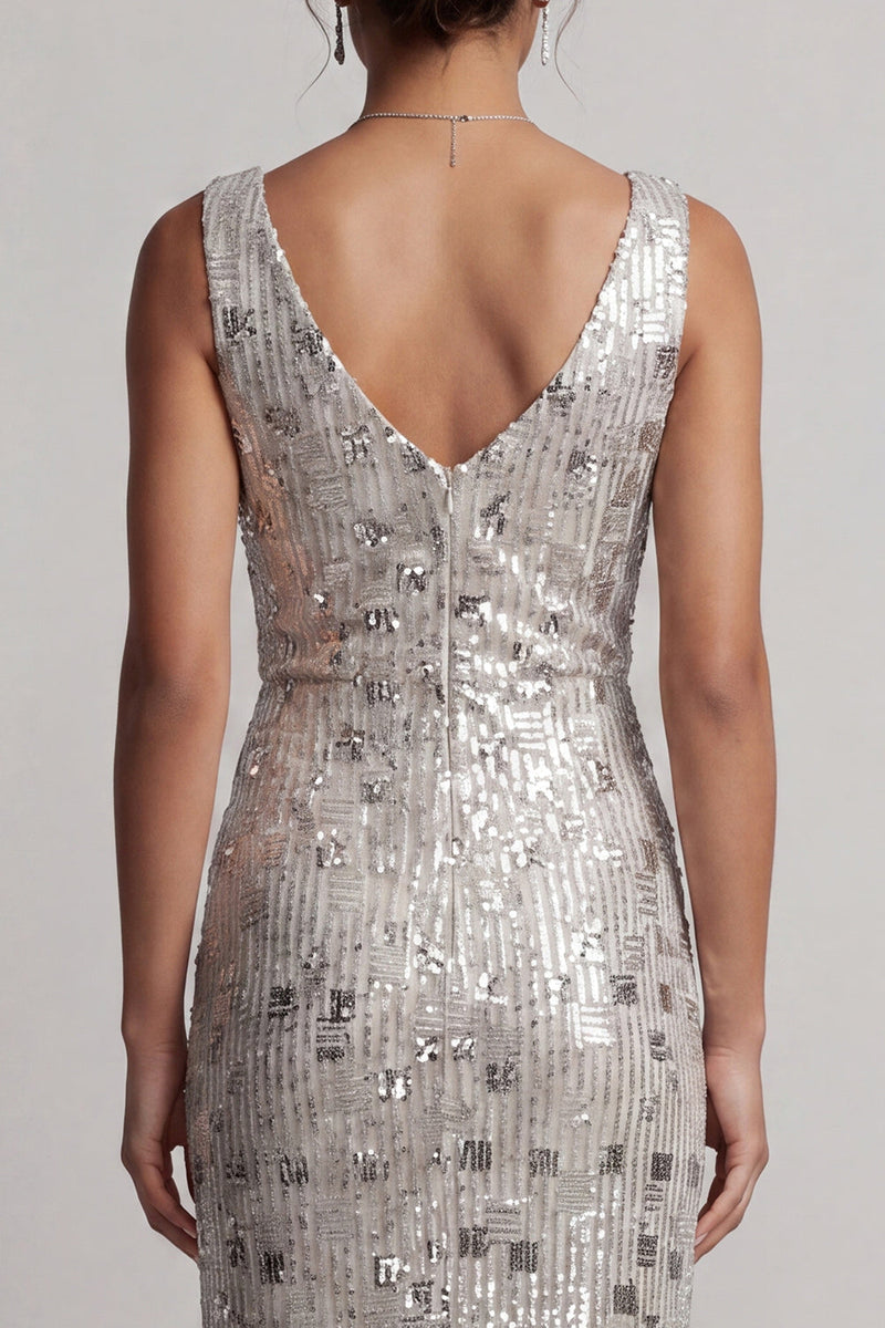 Load image into Gallery viewer, Sparkly Silver Sheath Sequins Cowl Neck Long Mother of the Bride Dress