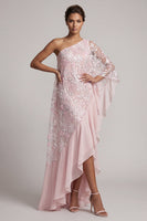 Load image into Gallery viewer, Pink One Shoulder Beaded Floral Asymmetrical Mother of the Bride Dress