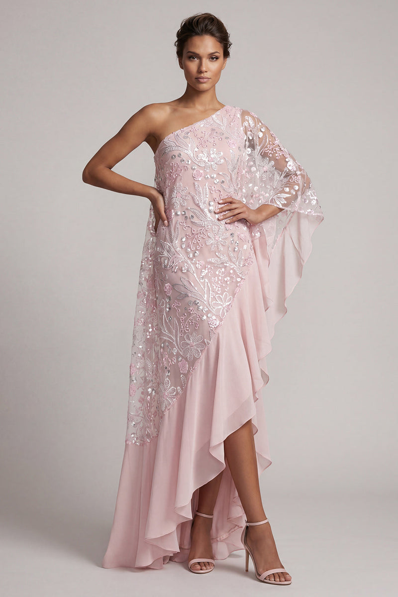Load image into Gallery viewer, Pink One Shoulder Beaded Floral Asymmetrical Mother of the Bride Dress