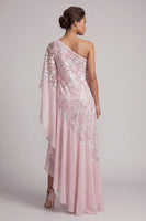 Load image into Gallery viewer, Pink One Shoulder Beaded Floral Asymmetrical Mother of the Bride Dress