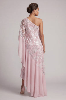 Pink One Shoulder Beaded Floral Asymmetrical Mother of the Bride Dress