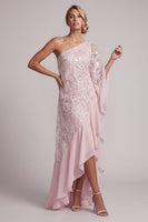Load image into Gallery viewer, Pink One Shoulder Beaded Floral Asymmetrical Mother of the Bride Dress