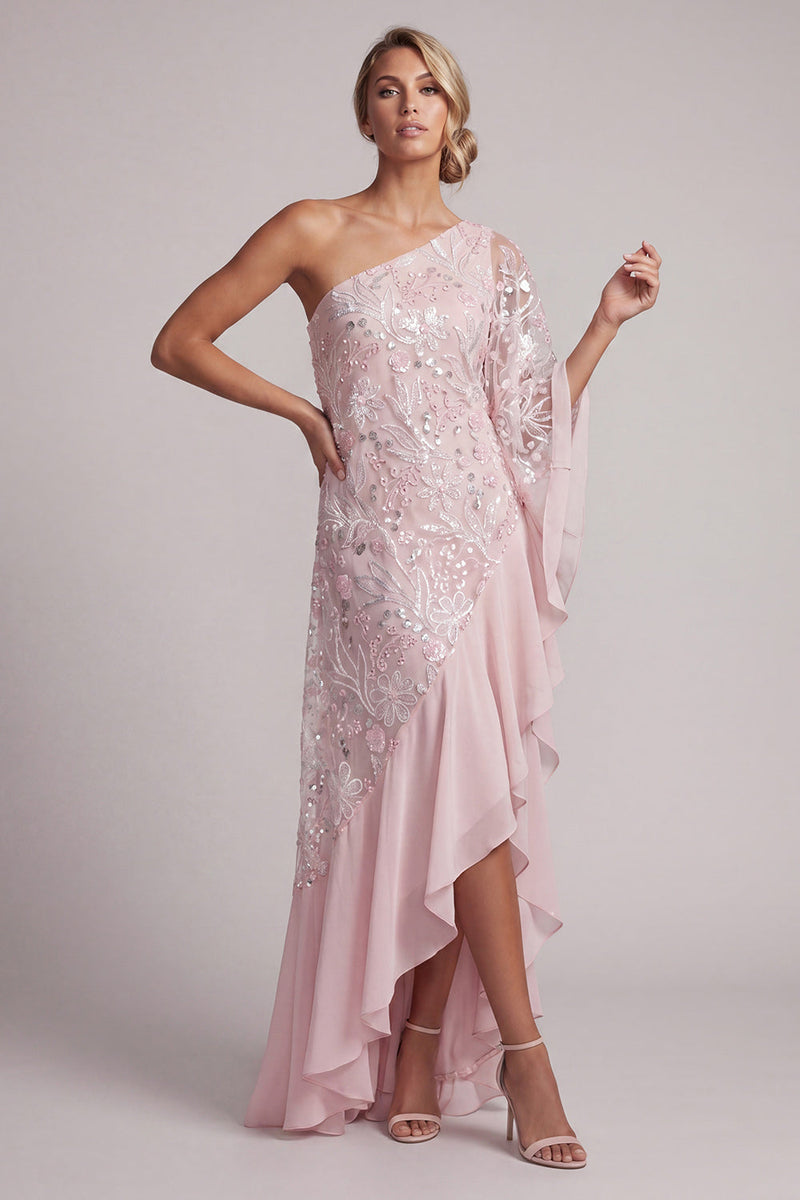 Load image into Gallery viewer, Pink One Shoulder Beaded Floral Asymmetrical Mother of the Bride Dress