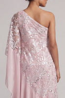 Load image into Gallery viewer, Pink One Shoulder Beaded Floral Asymmetrical Mother of the Bride Dress