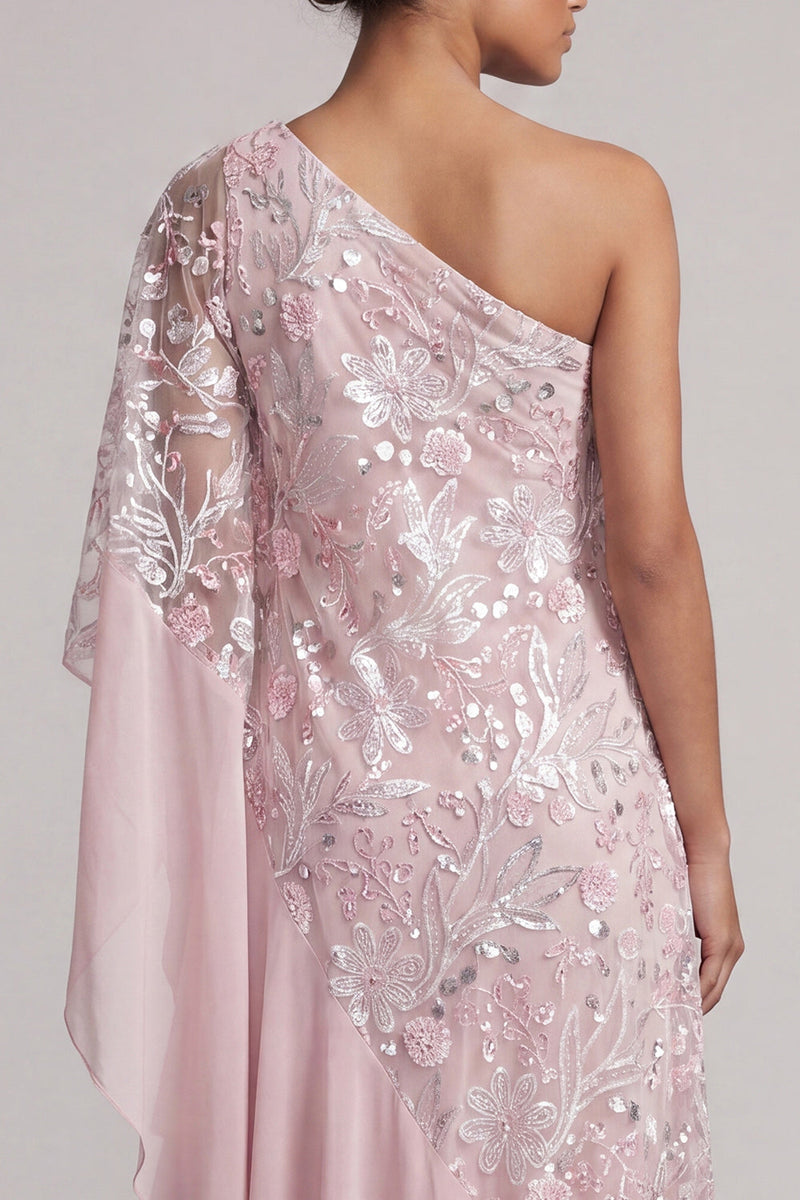 Load image into Gallery viewer, Pink One Shoulder Beaded Floral Asymmetrical Mother of the Bride Dress