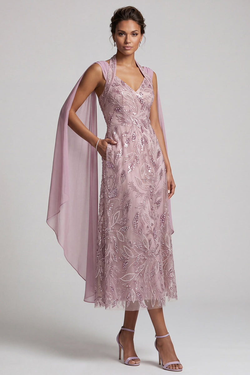Load image into Gallery viewer, Floral Fog A Line Beaded Midi Mother of the Bride Dress with Pockets
