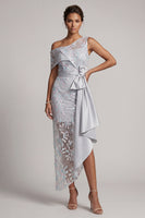 Load image into Gallery viewer, Light Grey One Shoulder Floral Asymmetrical Mother of the Bride Dress with Bow