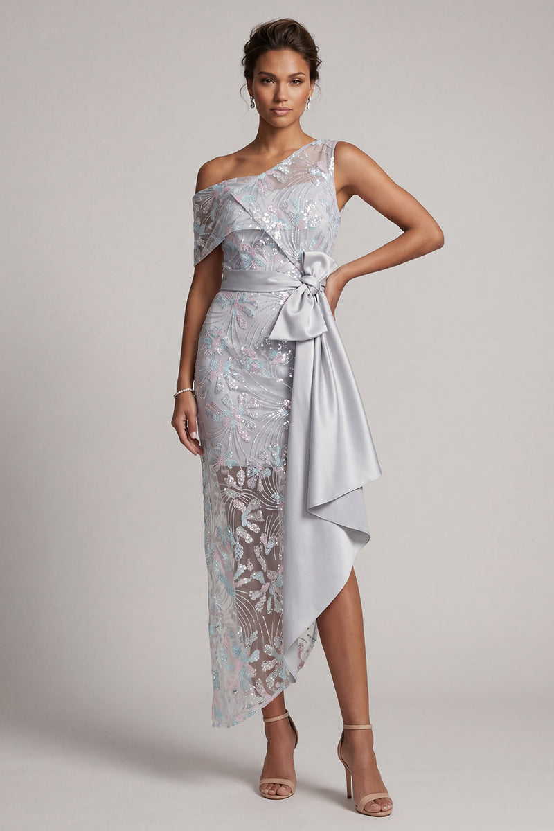 Load image into Gallery viewer, Light Grey One Shoulder Floral Asymmetrical Mother of the Bride Dress with Bow