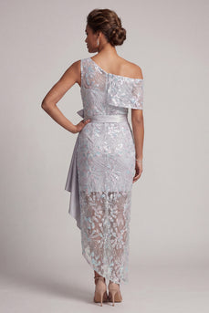 Light Grey One Shoulder Floral Asymmetrical Mother of the Bride Dress with Bow