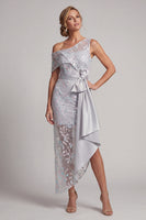 Load image into Gallery viewer, Light Grey One Shoulder Floral Asymmetrical Mother of the Bride Dress with Bow