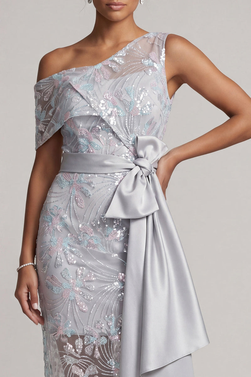 Load image into Gallery viewer, Light Grey One Shoulder Floral Asymmetrical Mother of the Bride Dress with Bow