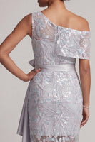 Load image into Gallery viewer, Light Grey One Shoulder Floral Asymmetrical Mother of the Bride Dress with Bow