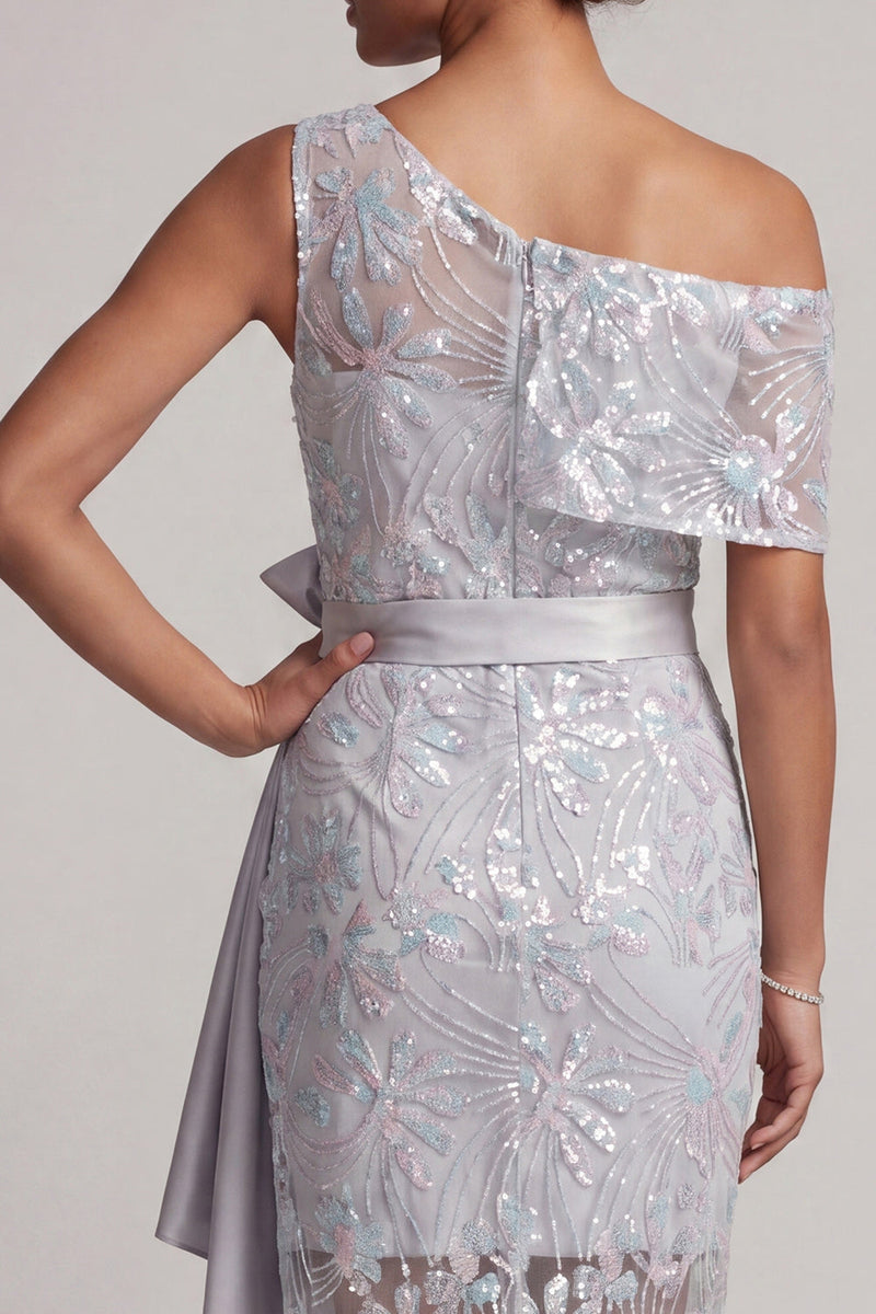 Load image into Gallery viewer, Light Grey One Shoulder Floral Asymmetrical Mother of the Bride Dress with Bow