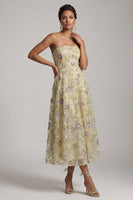 Load image into Gallery viewer, Dusty Sage A-Line Floral Beaded Strapless Midi Mother of the Bride Dress