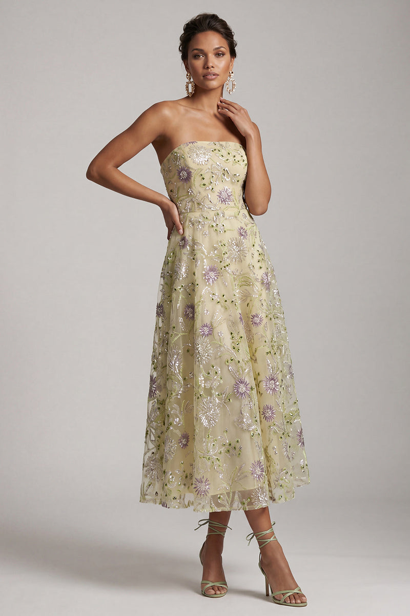 Load image into Gallery viewer, Dusty Sage A-Line Floral Beaded Strapless Midi Mother of the Bride Dress