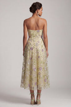 Dusty Sage A-Line Floral Beaded Strapless Midi Mother of the Bride Dress