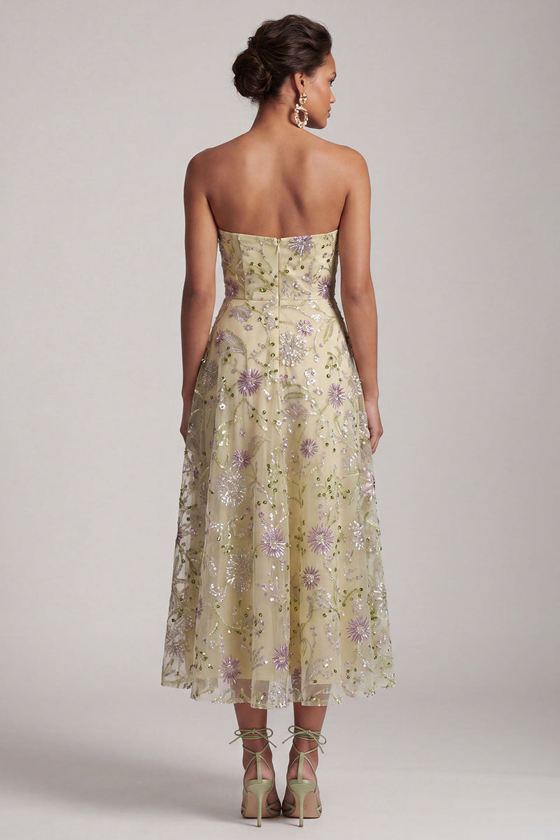 Load image into Gallery viewer, Dusty Sage A-Line Floral Beaded Strapless Midi Mother of the Bride Dress