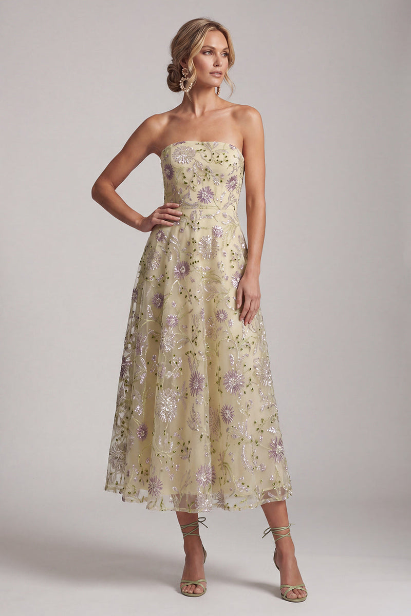 Load image into Gallery viewer, Dusty Sage A-Line Floral Beaded Strapless Midi Mother of the Bride Dress