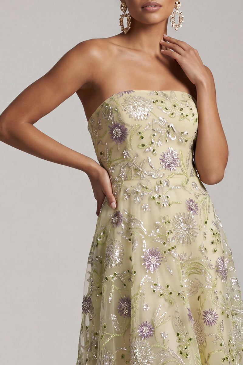 Load image into Gallery viewer, Dusty Sage A-Line Floral Beaded Strapless Midi Mother of the Bride Dress