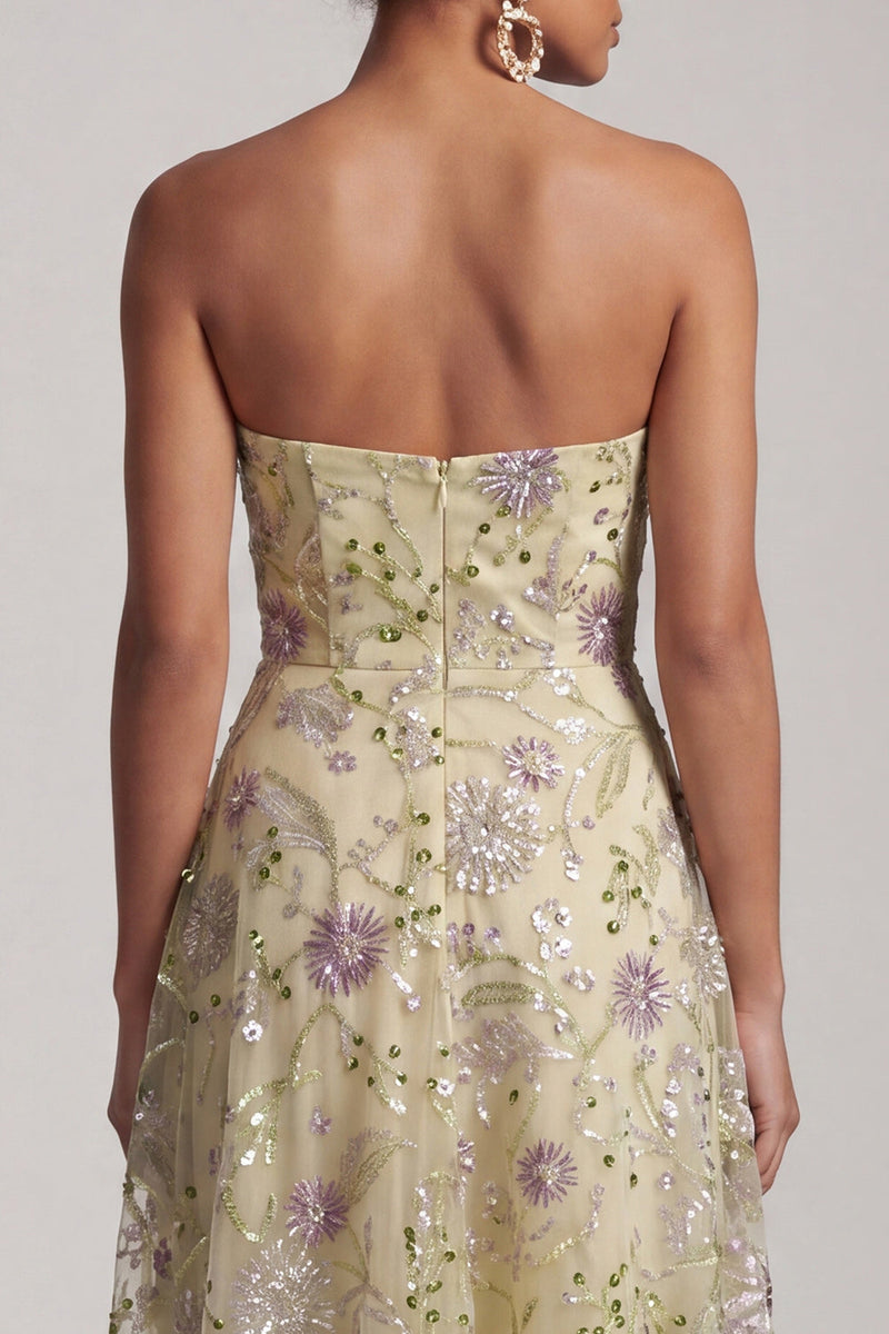 Load image into Gallery viewer, Dusty Sage A-Line Floral Beaded Strapless Midi Mother of the Bride Dress