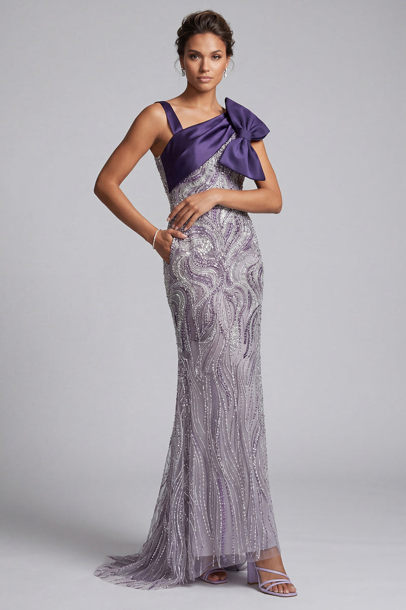 Load image into Gallery viewer, Sparkly Purple Beaded Mermaid Long Mother of the Bride Dress with Bow