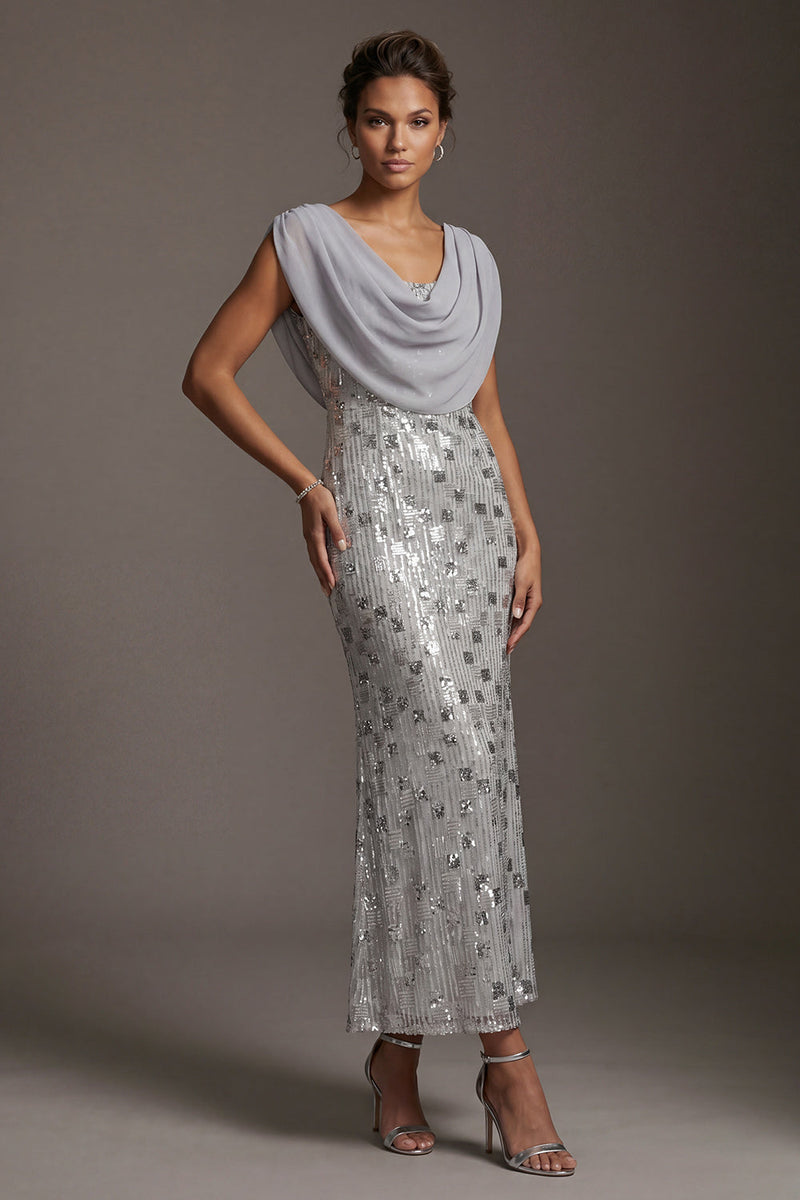 Load image into Gallery viewer, Sparkly Silver Cowl Neck Sequins Mermaid Long Mother of the Bride Dress