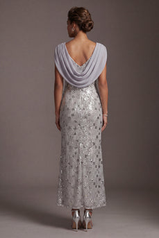 Sparkly Silver Cowl Neck Sequins Mermaid Long Mother of the Bride Dress