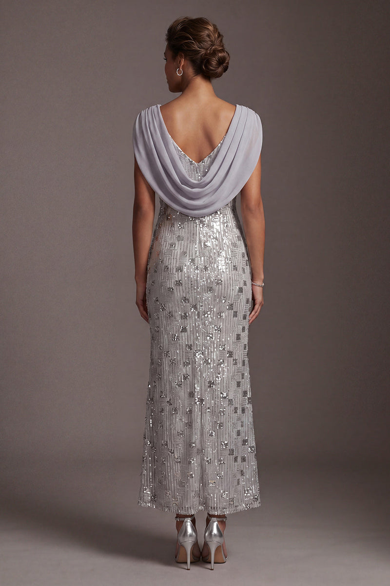 Load image into Gallery viewer, Sparkly Silver Cowl Neck Sequins Mermaid Long Mother of the Bride Dress