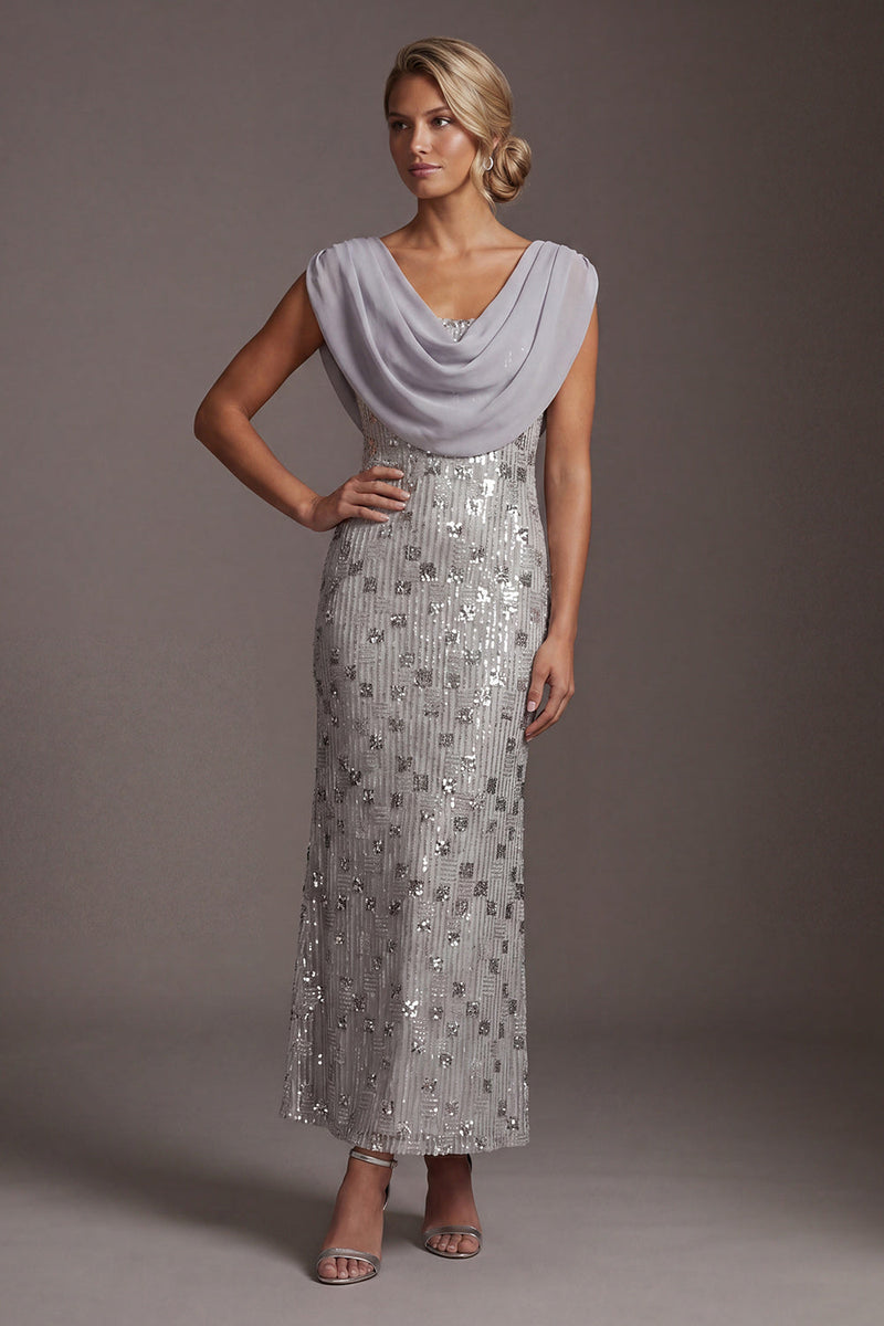 Load image into Gallery viewer, Sparkly Silver Cowl Neck Sequins Mermaid Long Mother of the Bride Dress