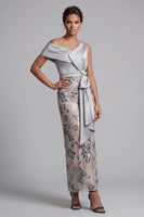 Load image into Gallery viewer, Sparkly Silver Floral Sheath Beaded Long Mother of the Bride Dress with Sash