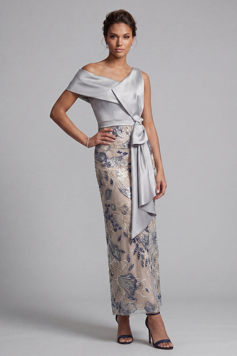 Load image into Gallery viewer, Sparkly Silver Floral Sheath Beaded Long Mother of the Bride Dress with Sash