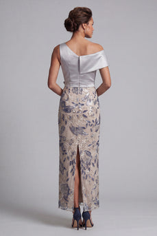 Sparkly Silver Floral Sheath Beaded Long Mother of the Bride Dress with Sash
