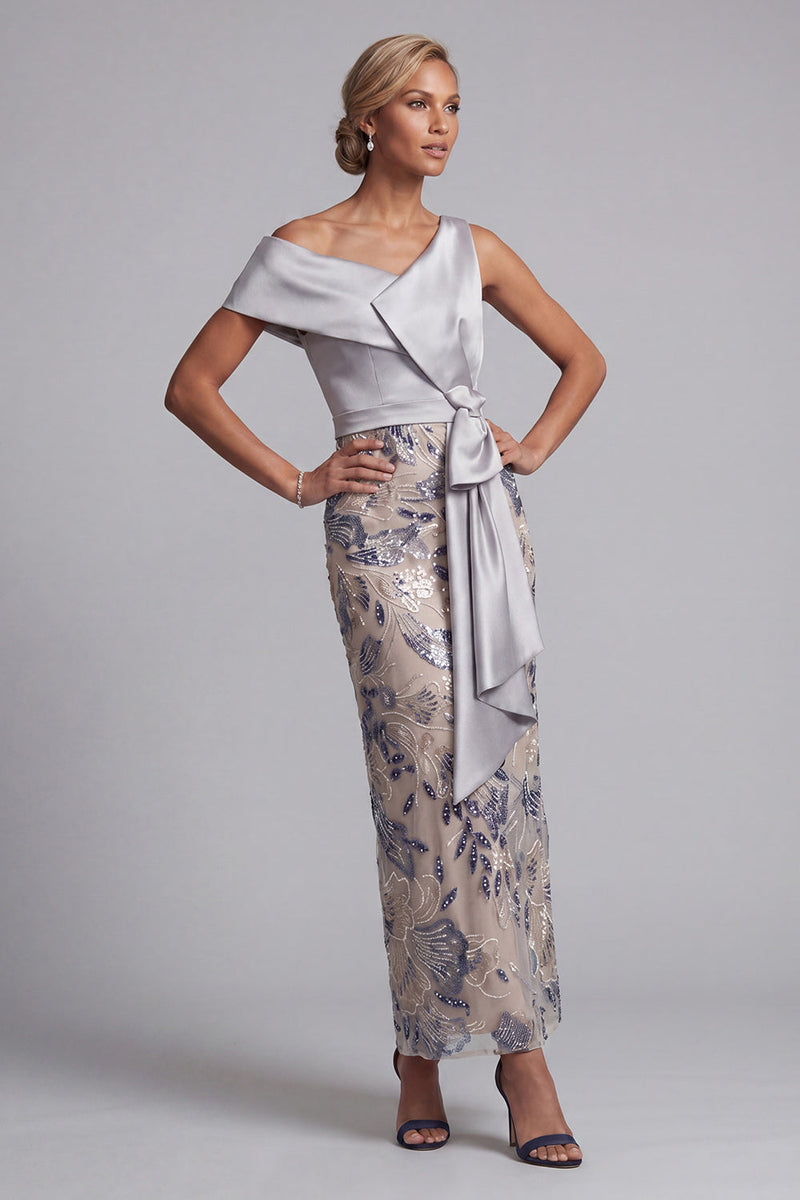 Load image into Gallery viewer, Sparkly Silver Floral Sheath Beaded Long Mother of the Bride Dress with Sash