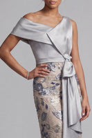 Load image into Gallery viewer, Sparkly Silver Floral Sheath Beaded Long Mother of the Bride Dress with Sash
