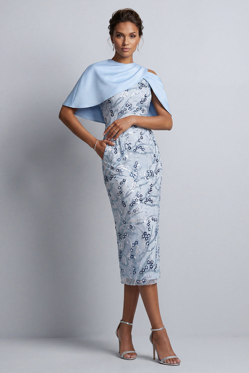 Load image into Gallery viewer, Sky Blue Floral Sheath Round Neck Midi Mother of the Bride Dress with Pocket